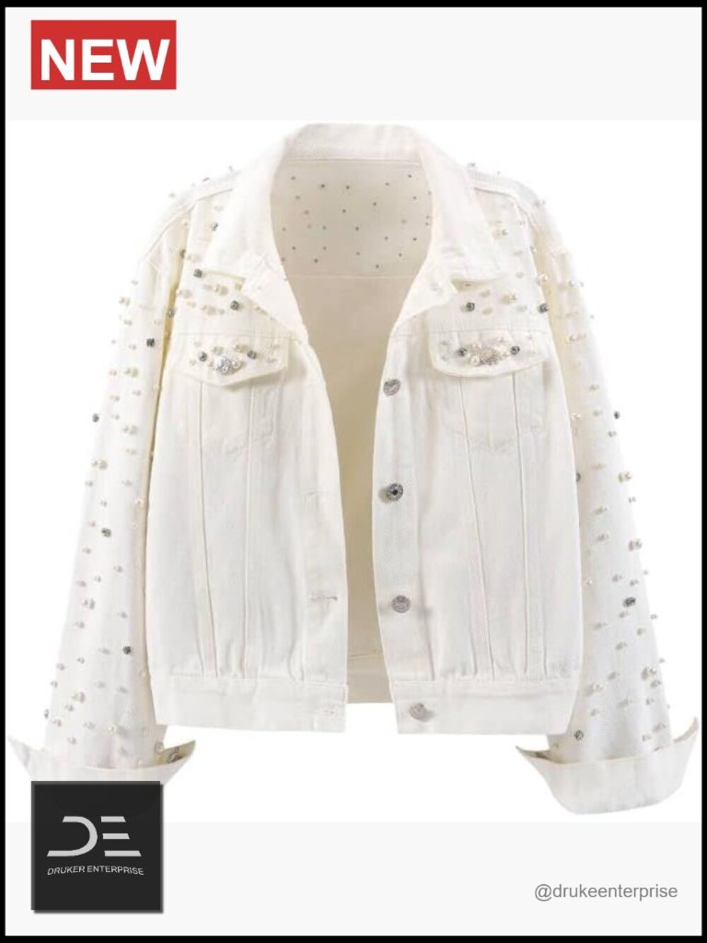 Cropped Denim Jacket with Rhinestone Pearls Button Front Long Sleeve